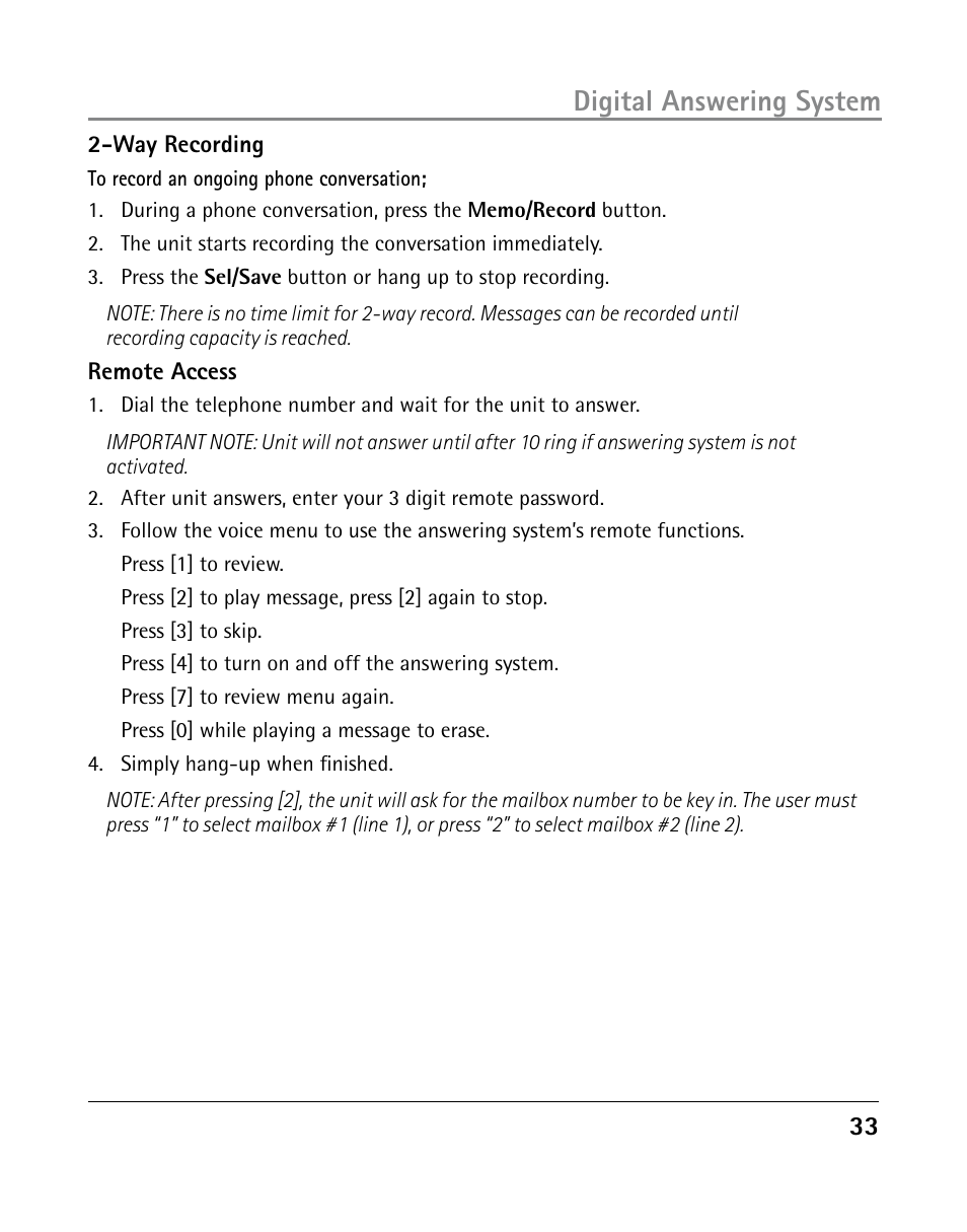 Digital answering system | GE 25205 User Manual | Page 33 / 96