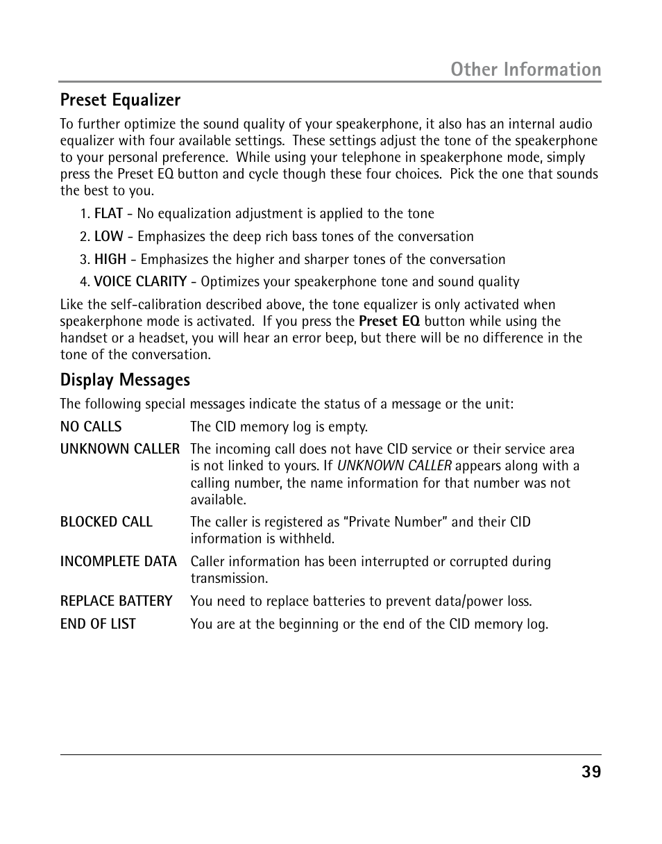 Other information, Preset equalizer, Display messages | GE 25205 User Manual | Page 39 / 96