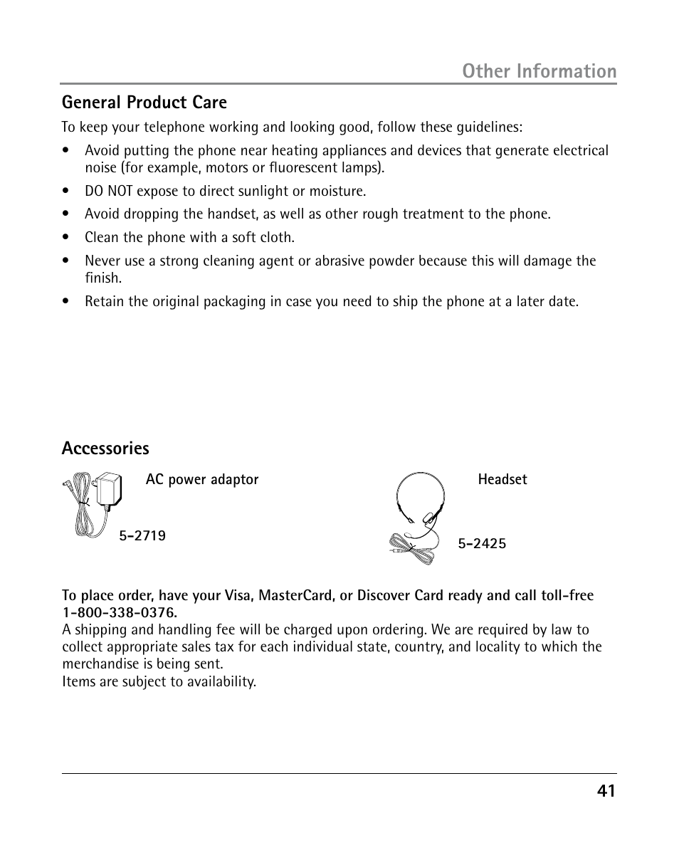 Other information, 1 general product care, Accessories | GE 25205 User Manual | Page 41 / 96
