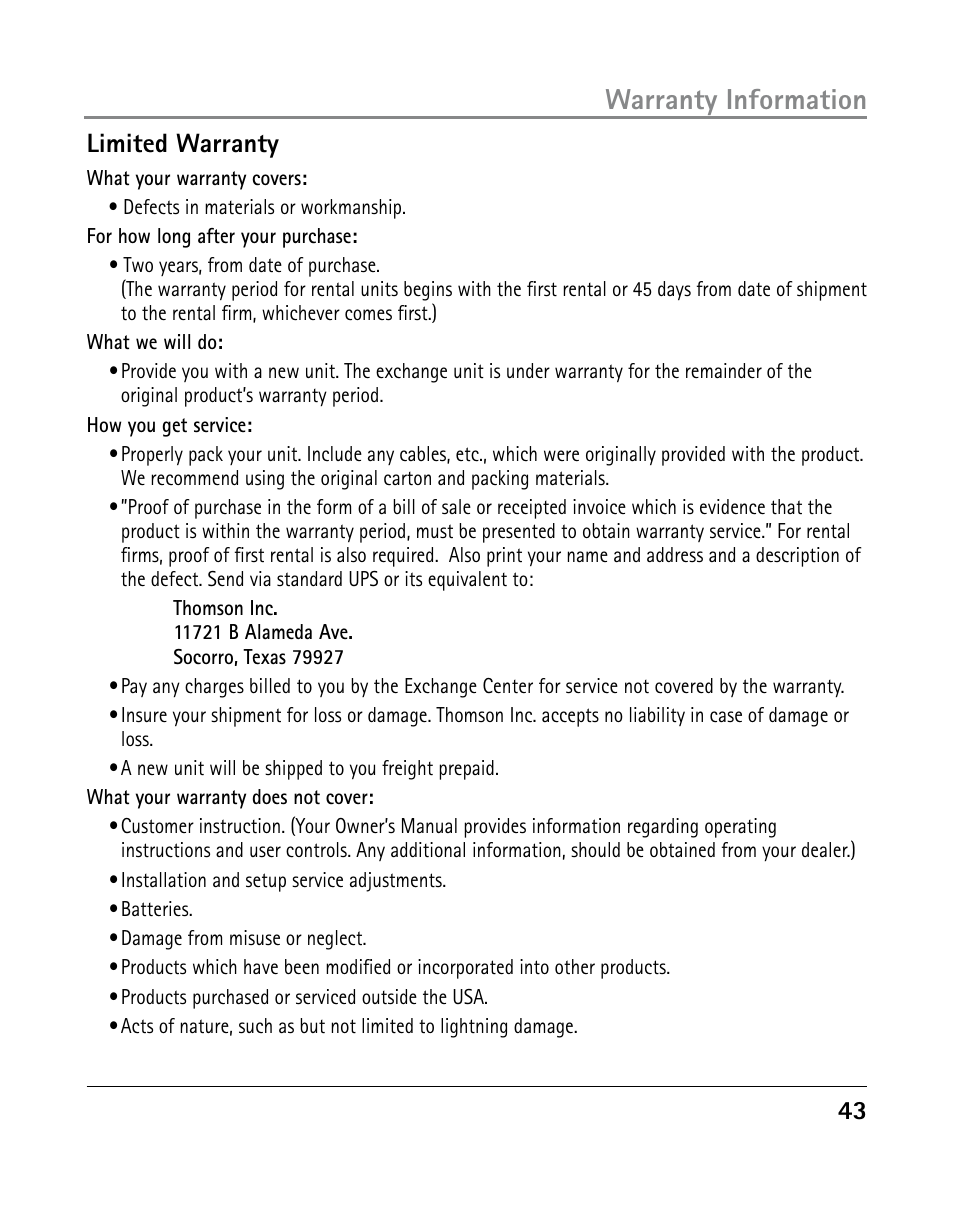 Warranty information, Limited warranty | GE 25205 User Manual | Page 43 / 96