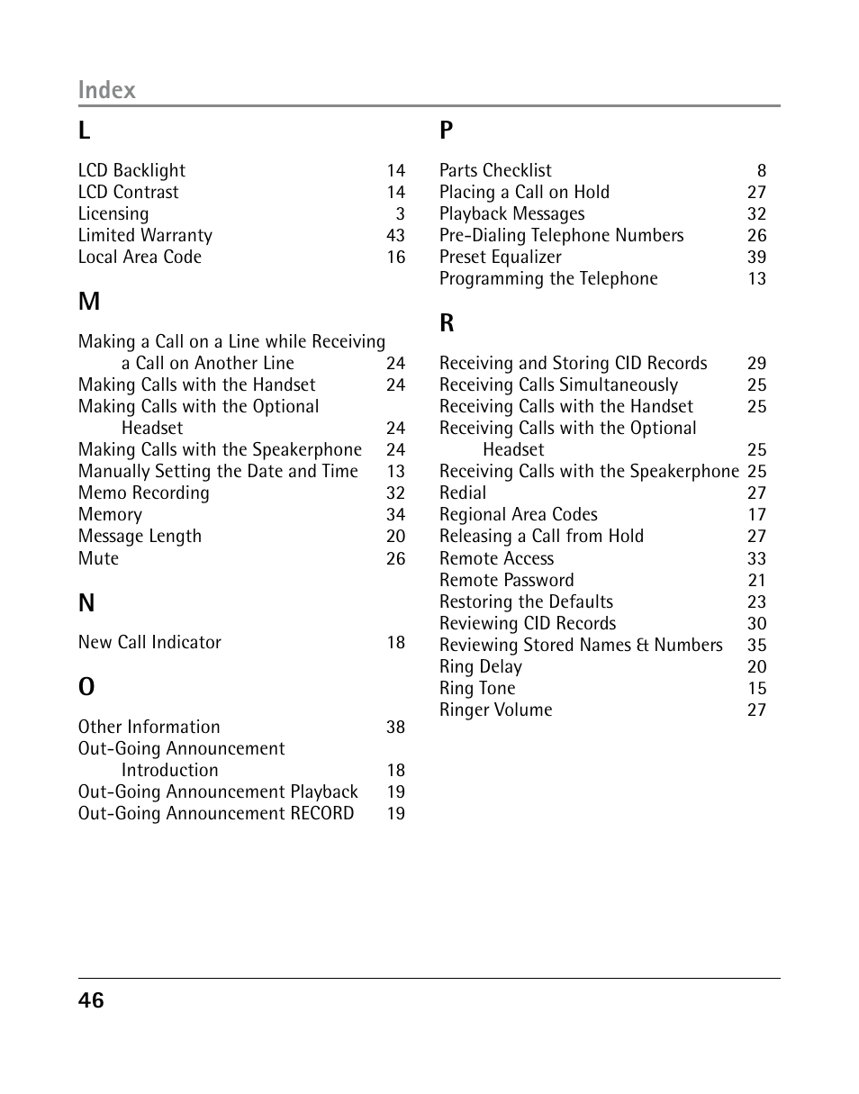 Index l | GE 25205 User Manual | Page 46 / 96