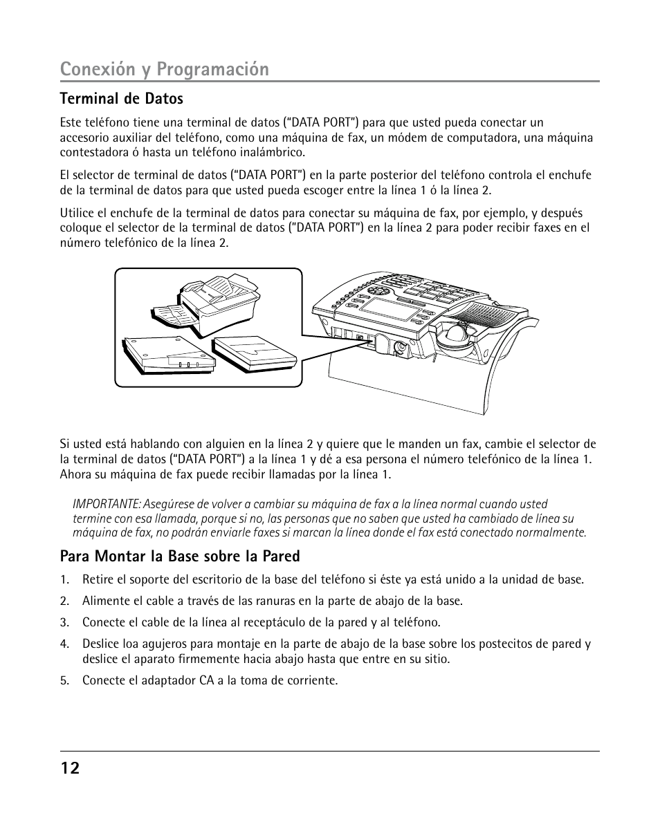 Conexión y programación, Terminal de datos, Para montar la base sobre la pared | GE 25205 User Manual | Page 60 / 96