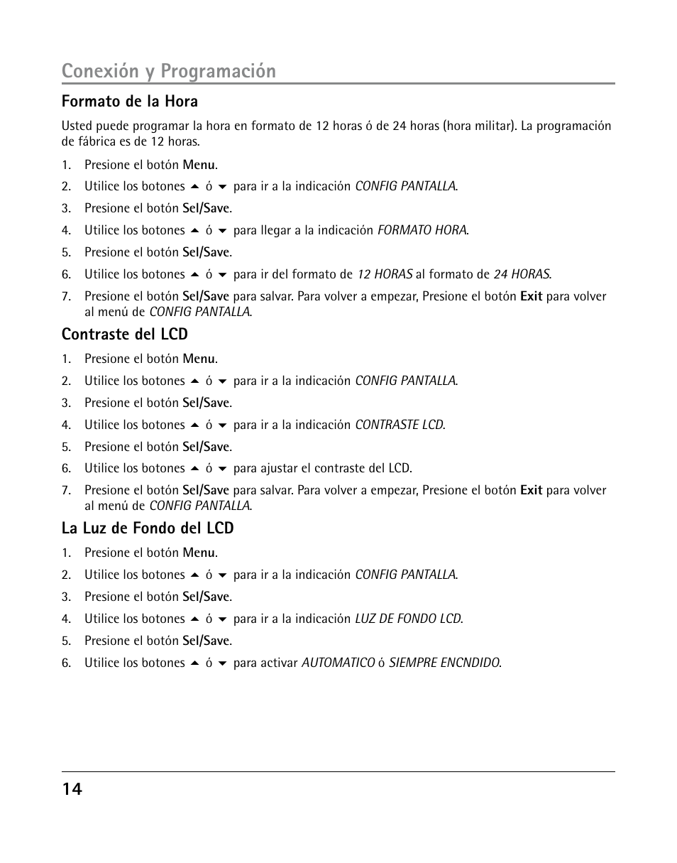 Conexión y programación, Formato de la hora, Contraste del lcd | La luz de fondo del lcd | GE 25205 User Manual | Page 62 / 96