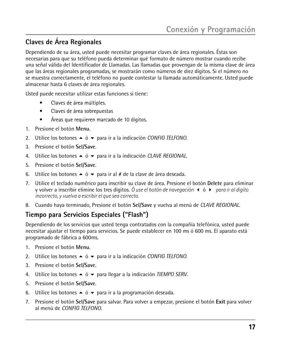 Conexión y programación, 1 claves de área regionales, Tiempo para servicios especiales (“flash”) | GE 25205 User Manual | Page 65 / 96