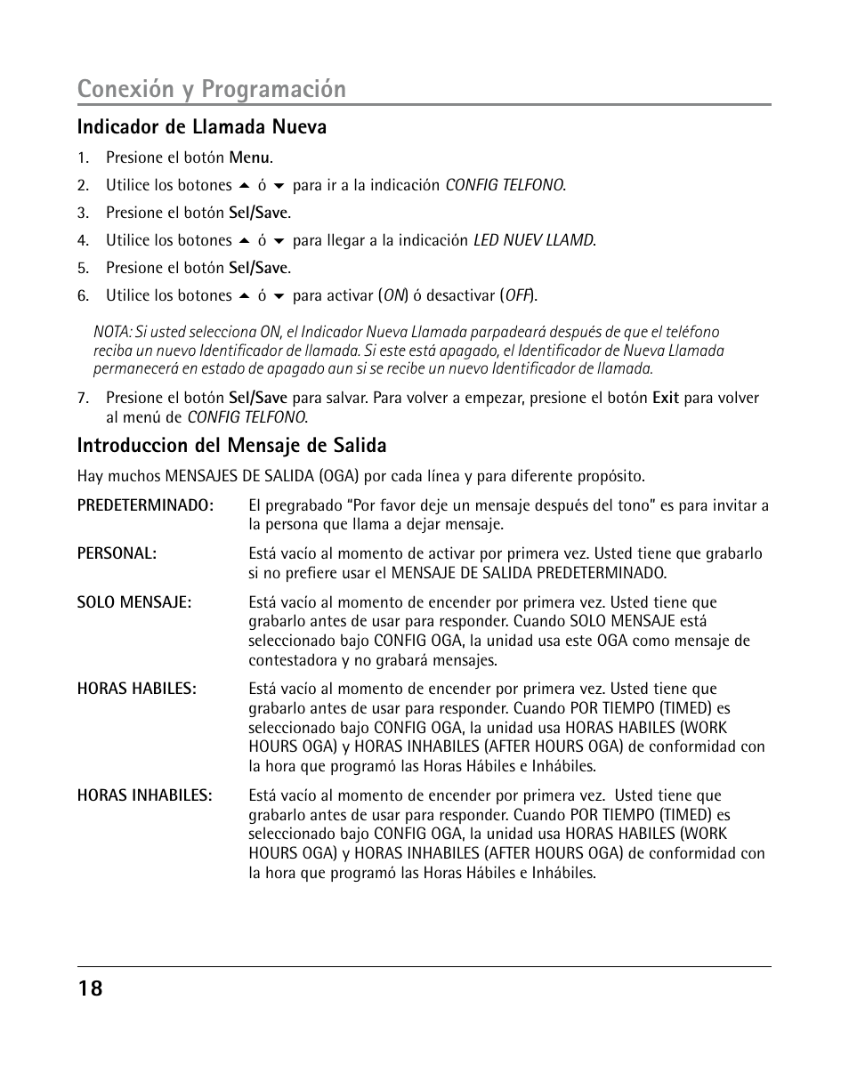 Conexión y programación, Indicador de llamada nueva, Introduccion del mensaje de salida | GE 25205 User Manual | Page 66 / 96