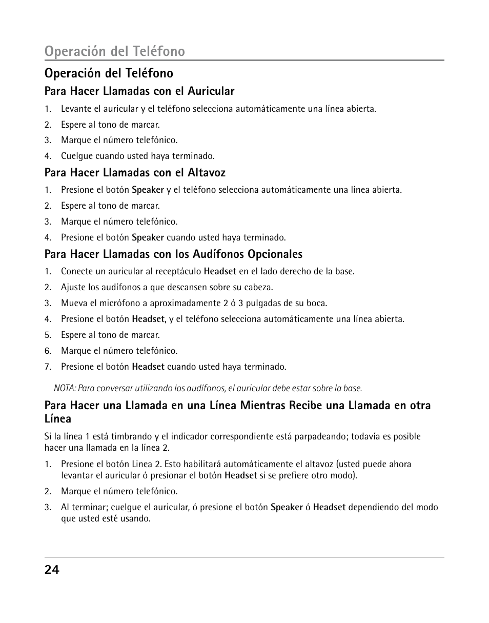 Operación del teléfono, 2 operación del teléfono | GE 25205 User Manual | Page 72 / 96