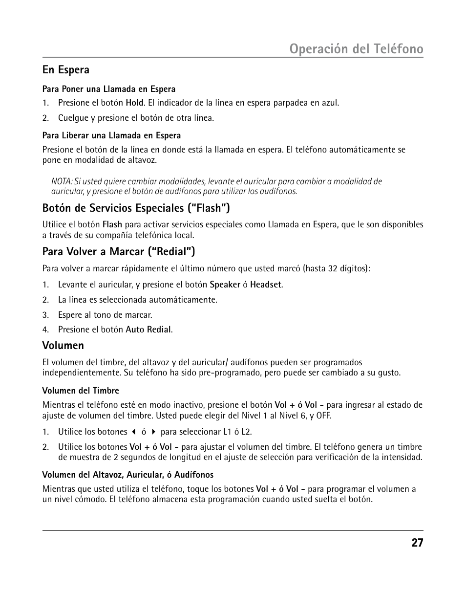 Operación del teléfono, 2 en espera, Botón de servicios especiales (“flash”) | Para volver a marcar (“redial”), Volumen | GE 25205 User Manual | Page 75 / 96