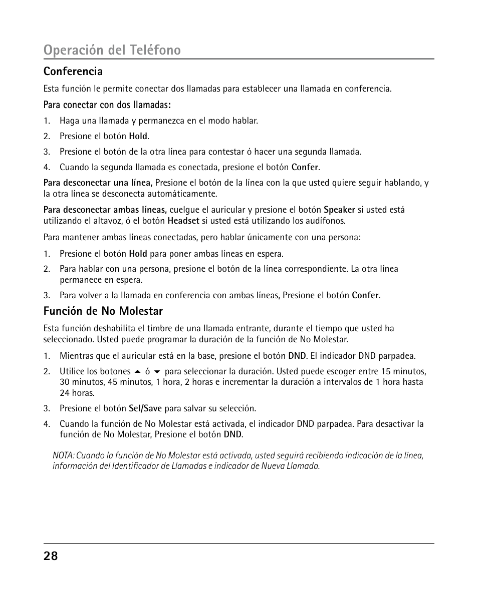 Operación del teléfono, Conferencia, Función de no molestar | GE 25205 User Manual | Page 76 / 96