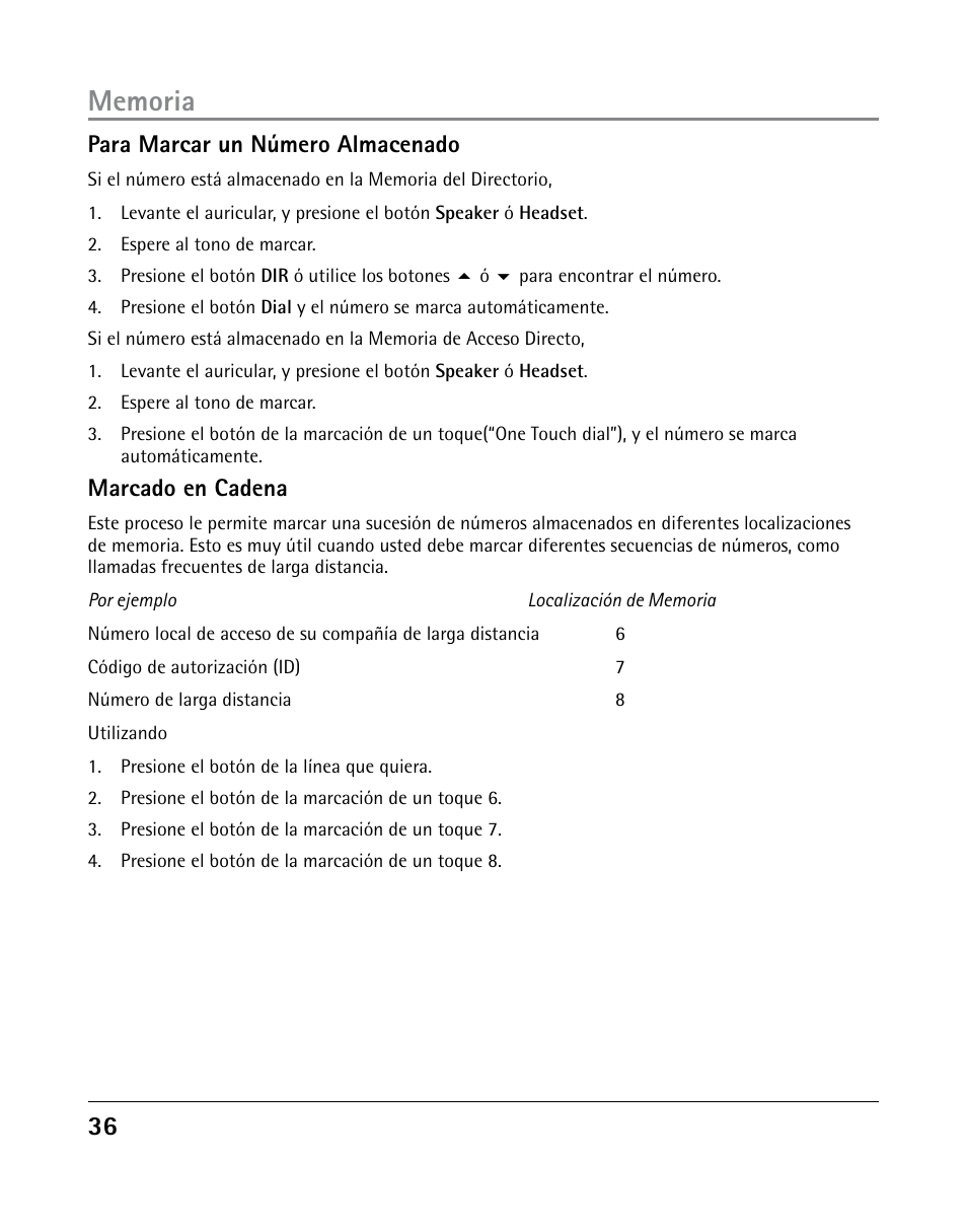 Para marcar un número almacenado, Marcado en cadena | GE 25205 User Manual | Page 84 / 96