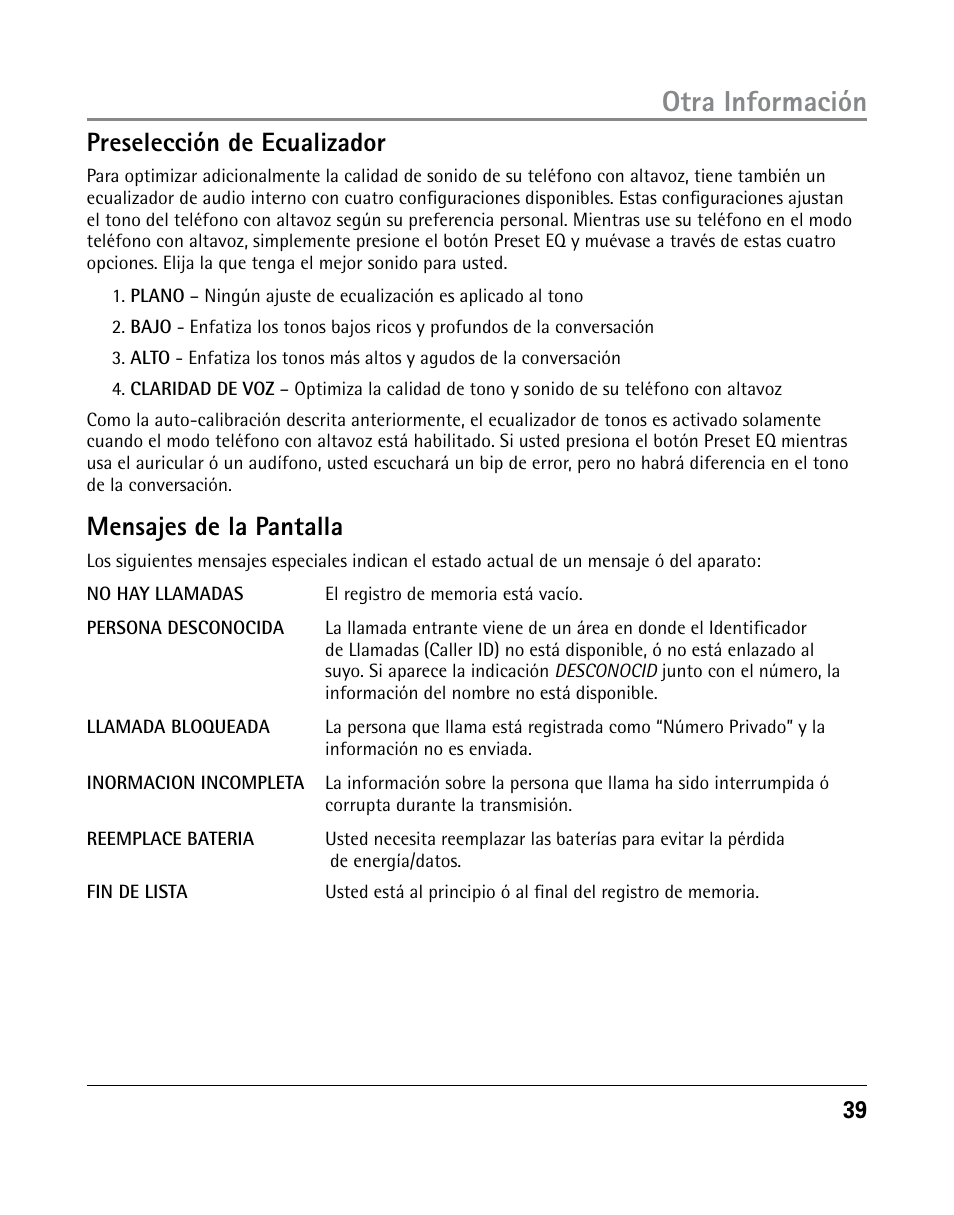 Otra información, Preselección de ecualizador, Mensajes de la pantalla | GE 25205 User Manual | Page 87 / 96