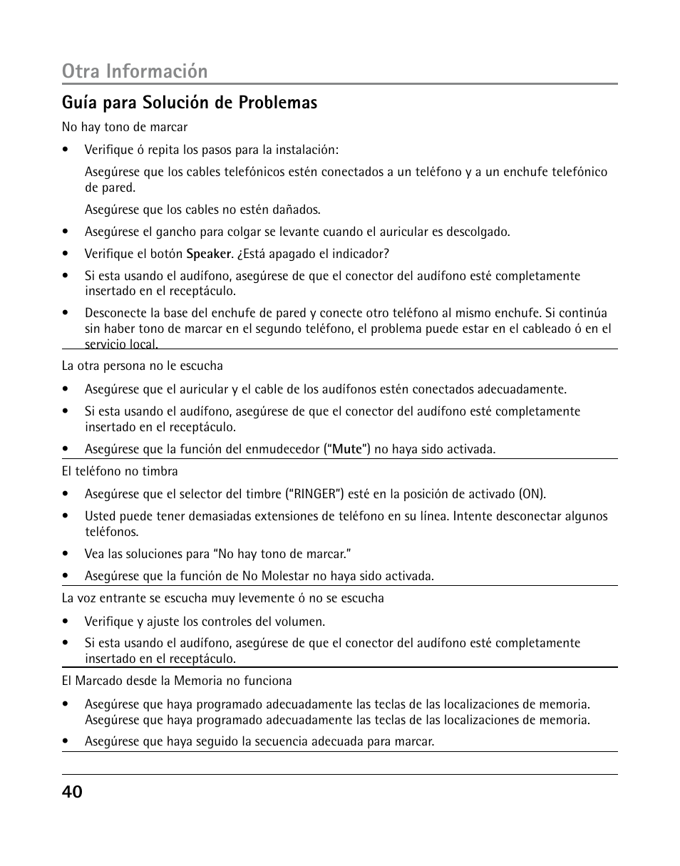 Otra información, 0 guía para solución de problemas | GE 25205 User Manual | Page 88 / 96