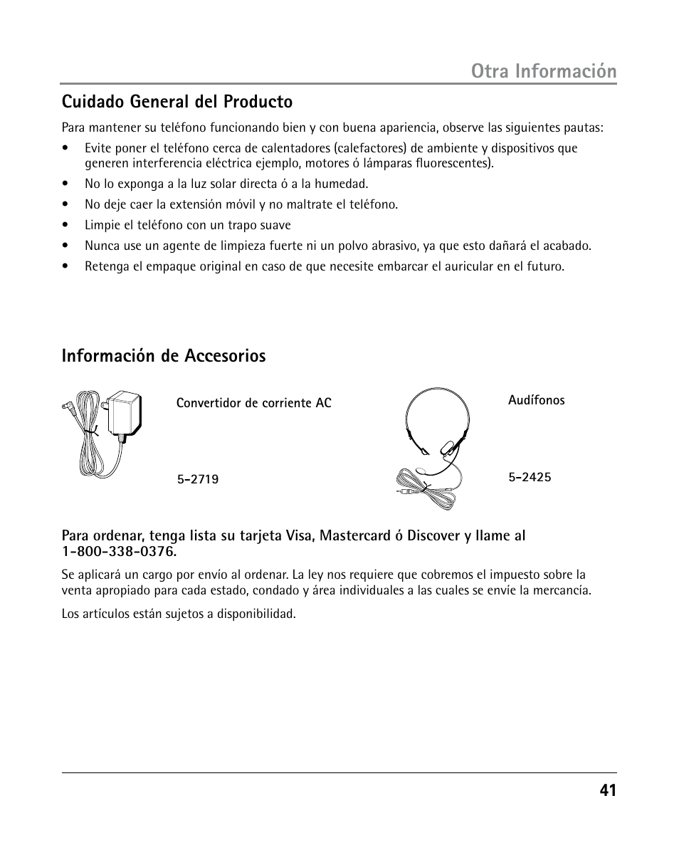 Otra información, Cuidado general del producto, Información de accesorios | GE 25205 User Manual | Page 89 / 96