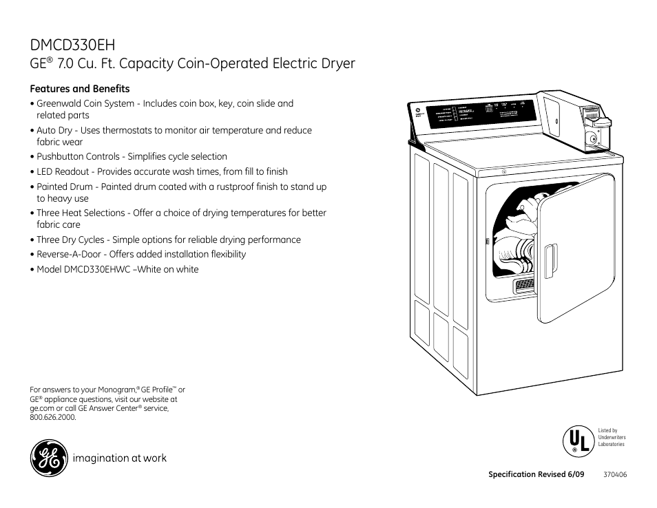 Dmcd330eh, 0 cu. ft. capacity coin-operated electric dryer | GE DMCD330EH User Manual | Page 3 / 3