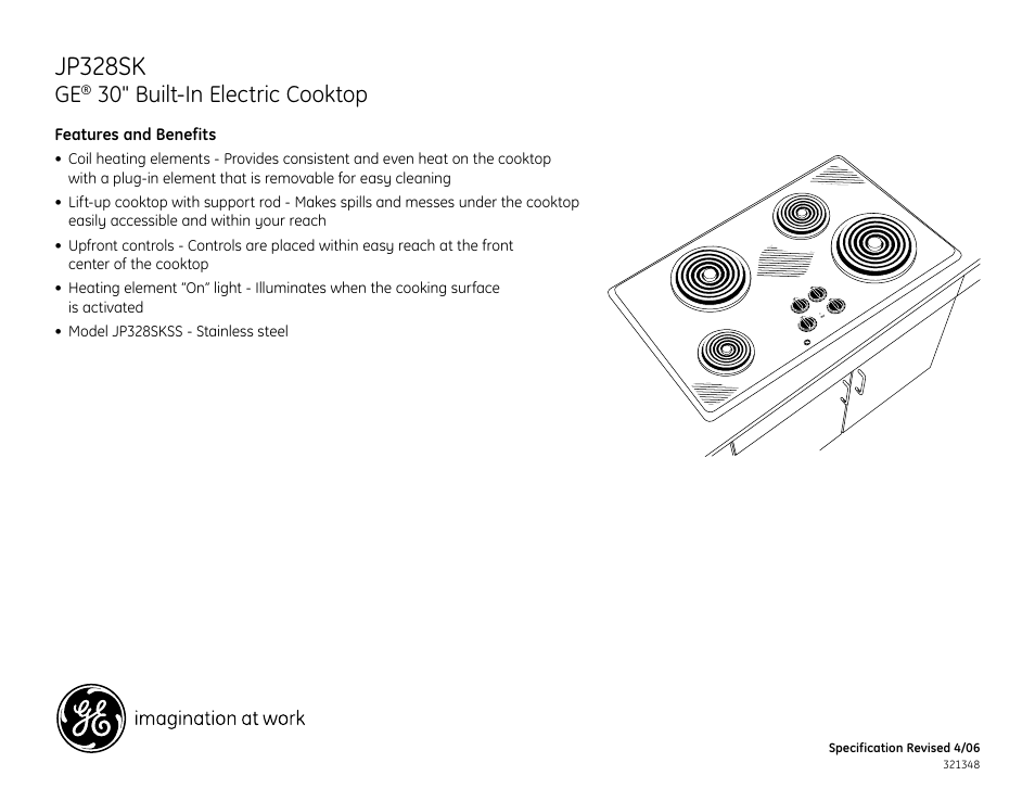 Jp328sk, 30" built-in electric cooktop | GE JP328WK User Manual | Page 2 / 2