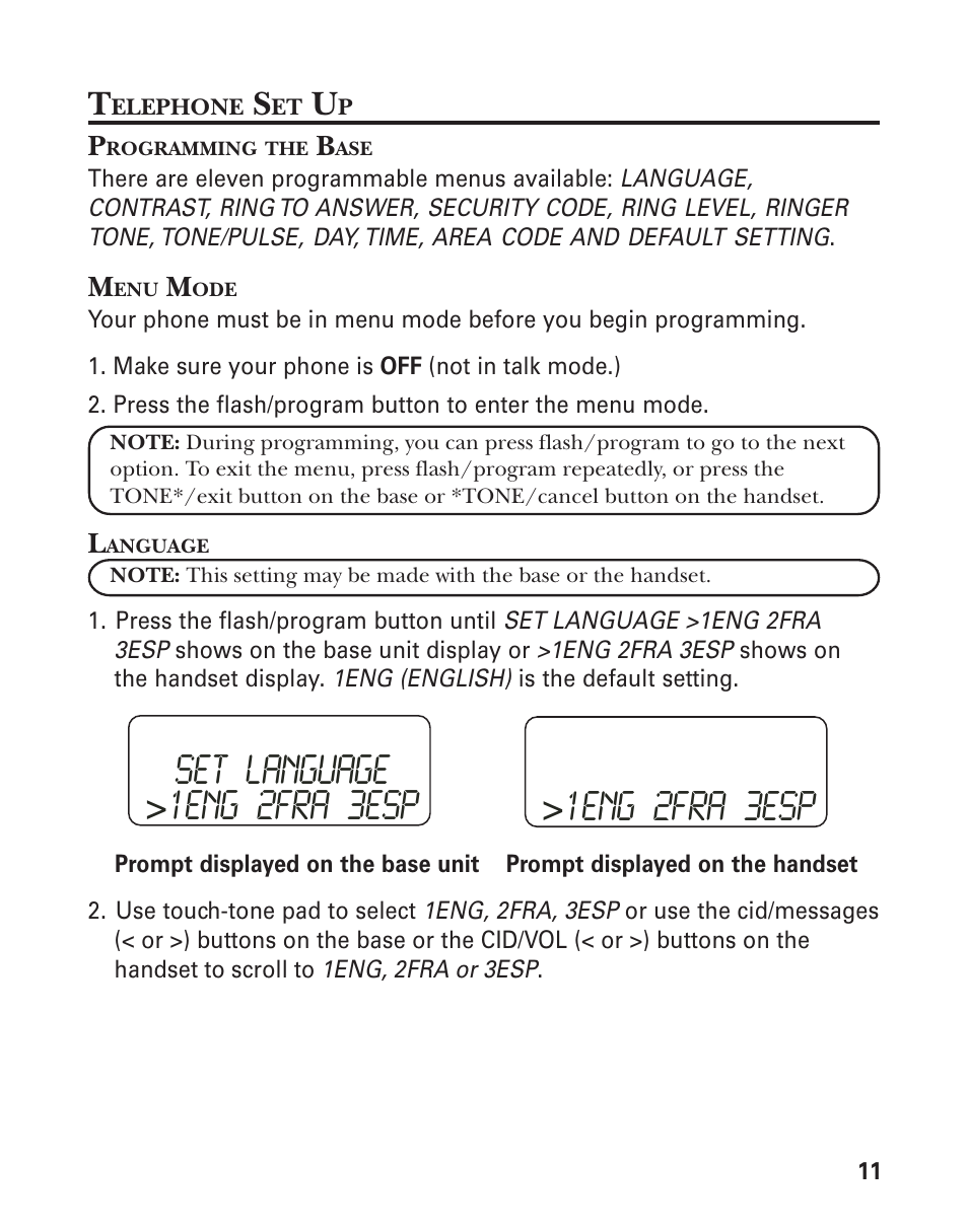 Set language, 1eng 2fra 3esp | GE 27959 User Manual | Page 11 / 100