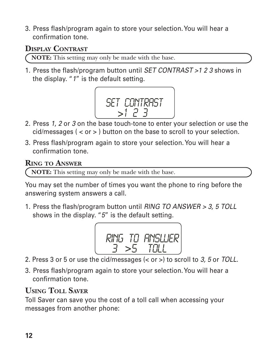 Set contrast, 1 2 3 ring to answer 3, 5 toll | GE 27959 User Manual | Page 12 / 100