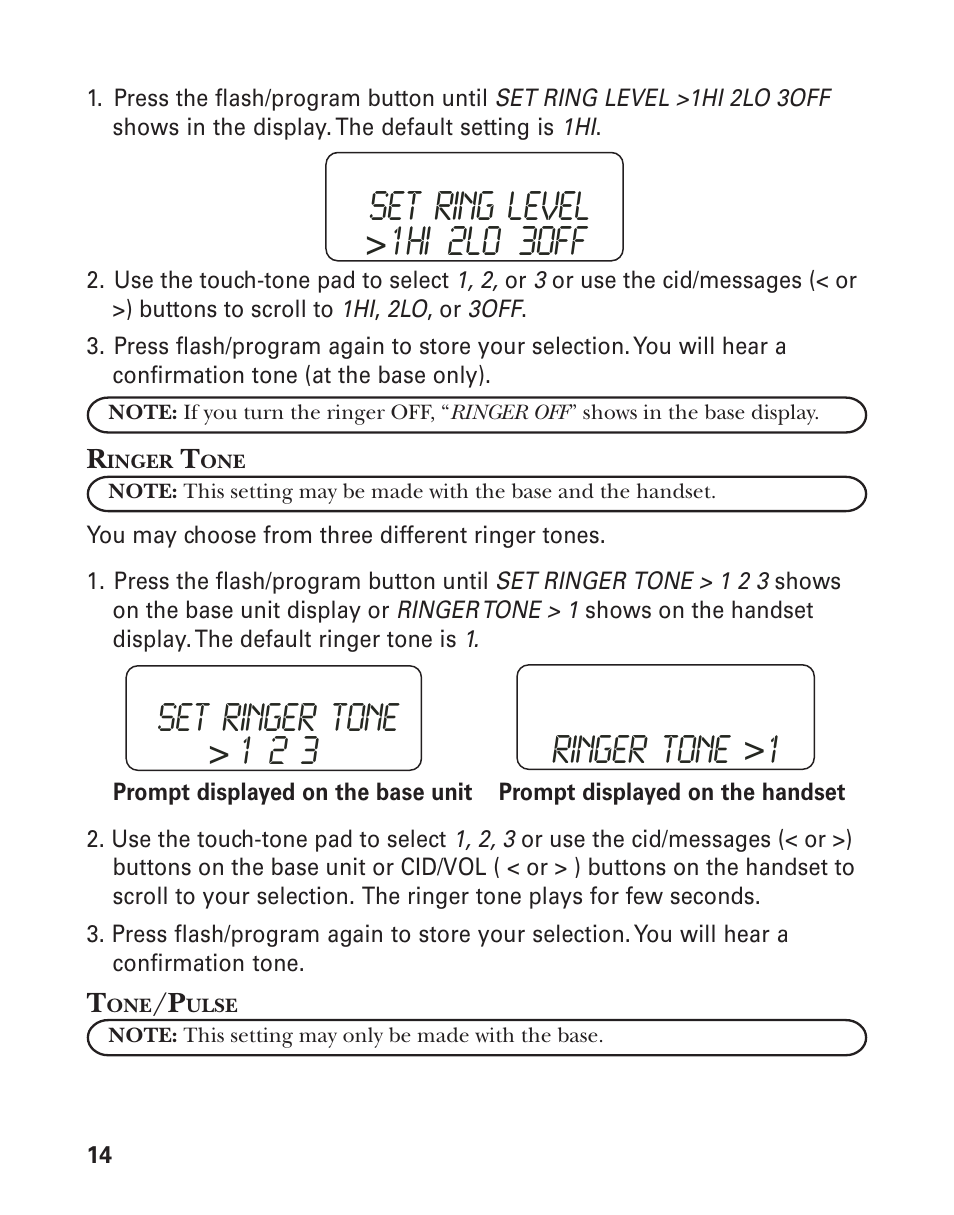 Set ring level, 1hi 2lo 3off, Set ringer tone | 1 2 3 ringer tone | GE 27959 User Manual | Page 14 / 100