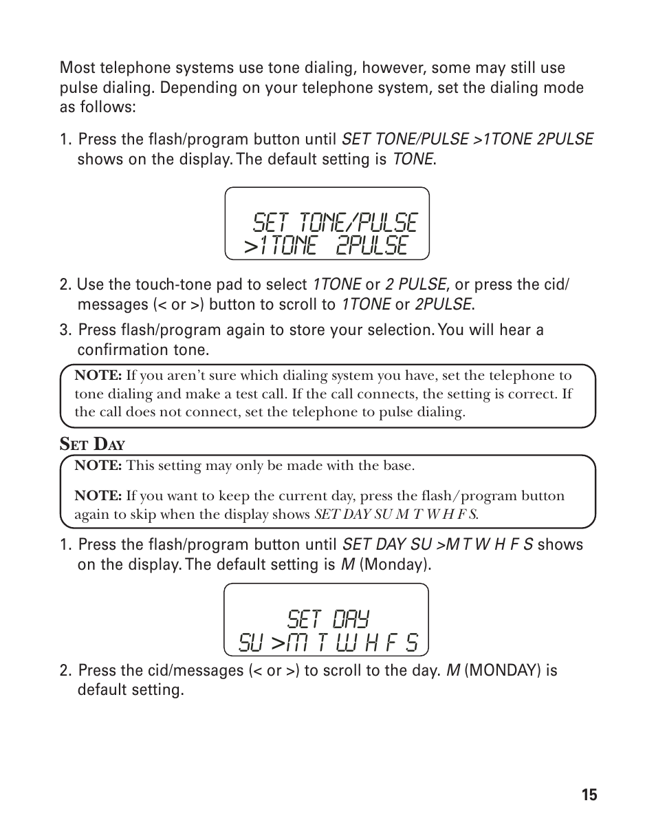 Set tone/pulse, 1tone 2pulse, Set day su | GE 27959 User Manual | Page 15 / 100