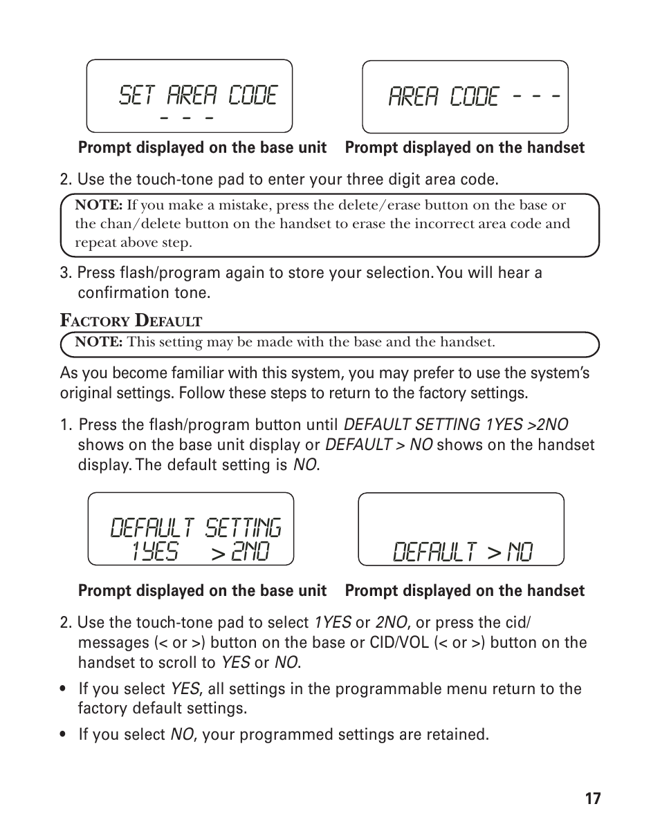 Set area code, Area code ‐ ‐ ‐ default setting 1yes, 2no default | GE 27959 User Manual | Page 17 / 100