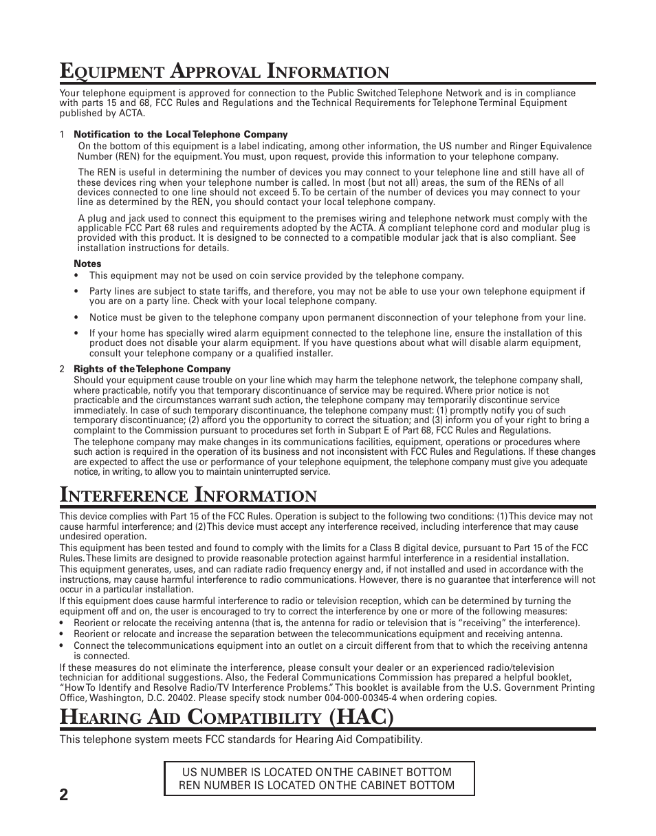 Hac), Quipment, Pproval | Nformation, Nterference, Earing, Ompatibility | GE 27959 User Manual | Page 2 / 100