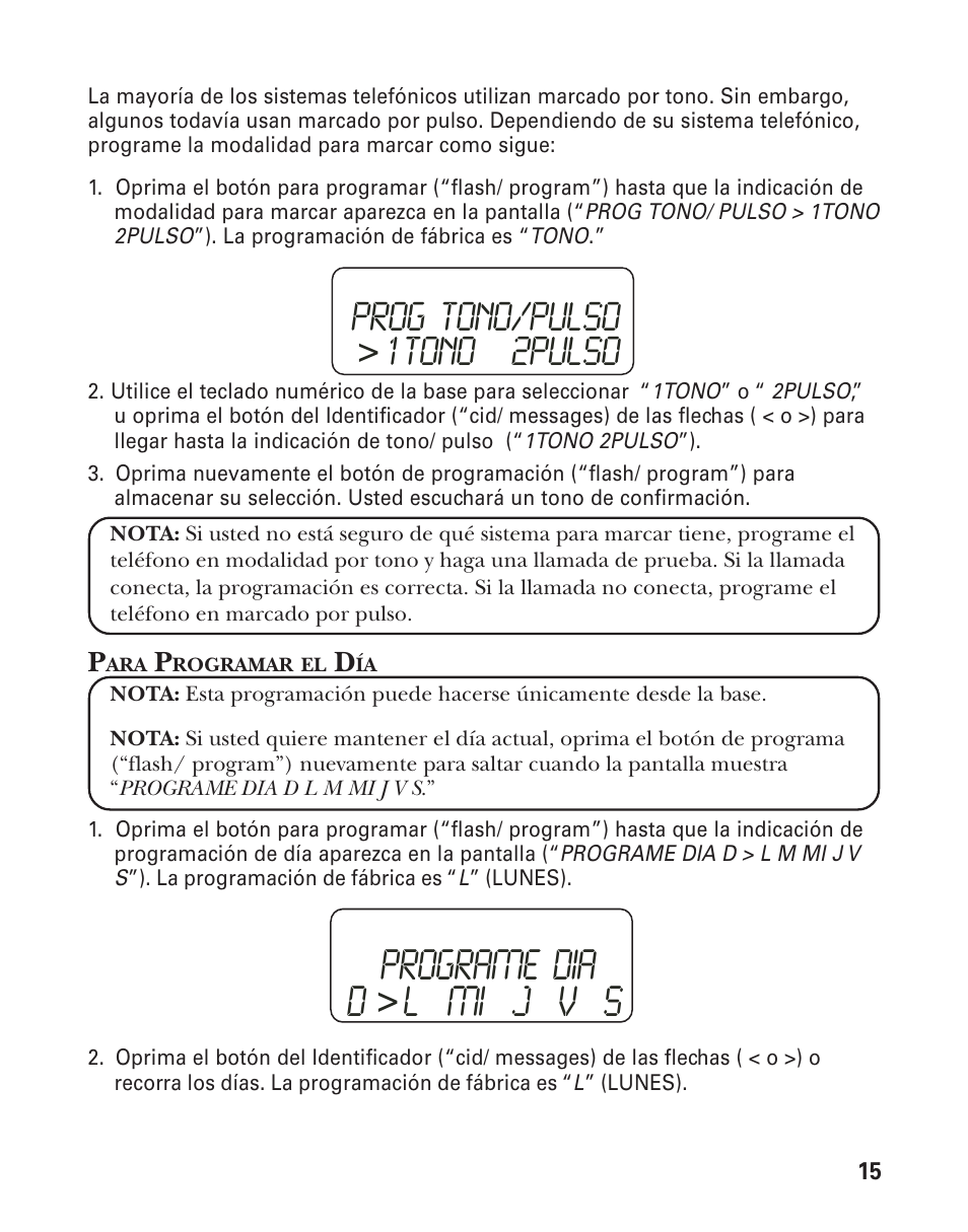 Programe dia d, L mi j v s, Prog tono/pulso | 1tono 2pulso | GE 27959 User Manual | Page 65 / 100