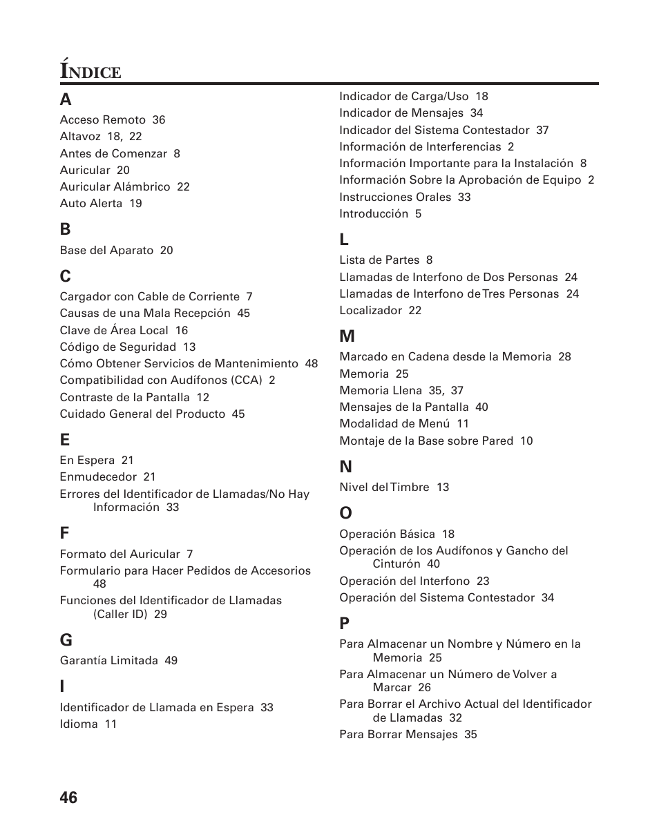 46 a, Ndice | GE 27959 User Manual | Page 96 / 100
