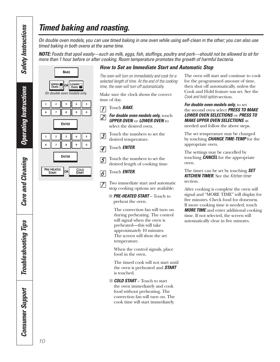Timed baking and roasting, Timed baking and roasting , 11, How to set an immediate start and automatic stop | GE PT92030 User Manual | Page 10 / 140