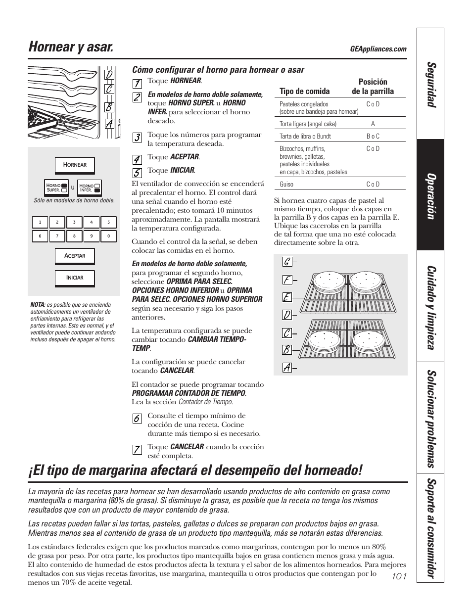 Asado, Horneado, Hornear y asar | Cómo configurar el horno para hornear o asar | GE PT92030 User Manual | Page 101 / 140