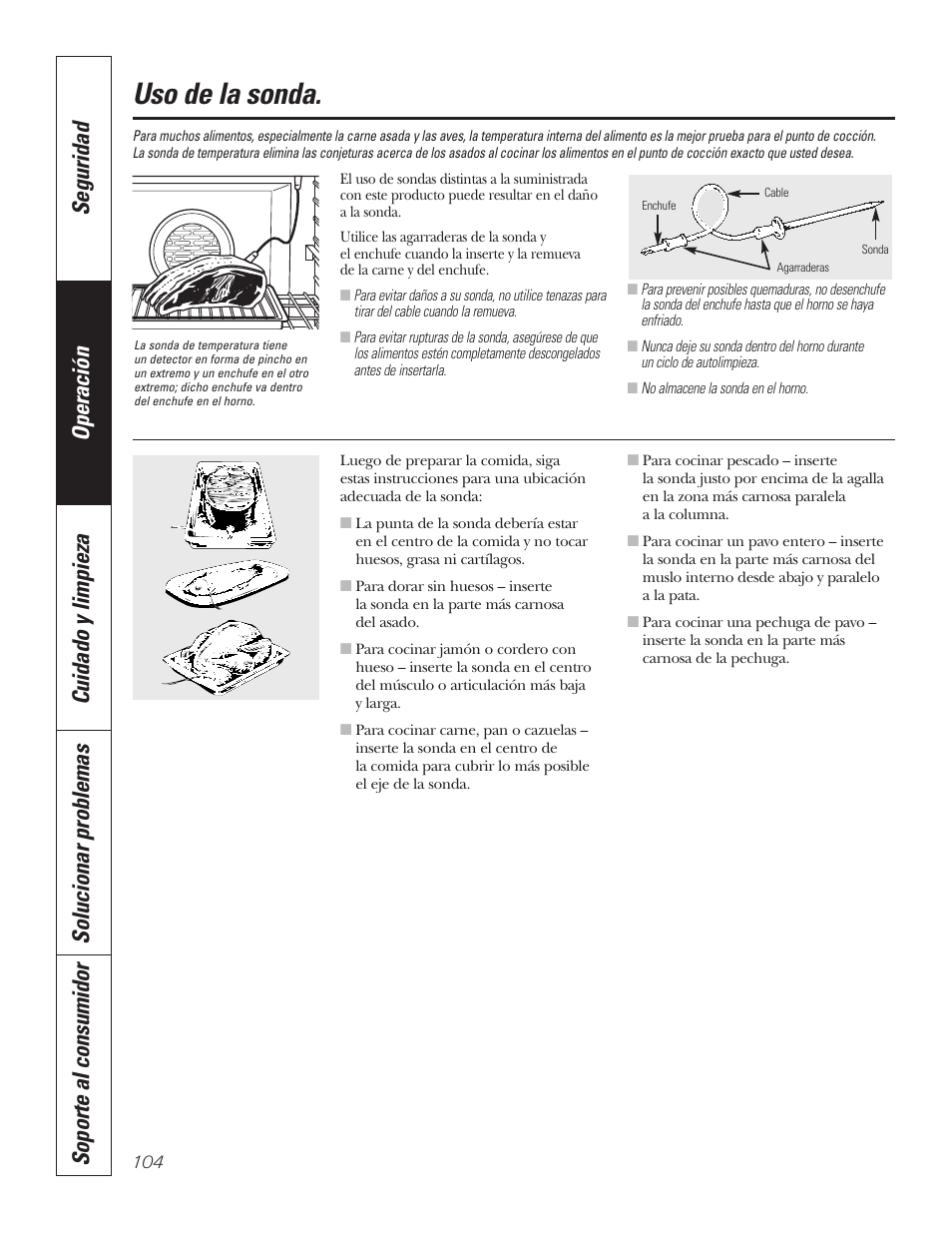 Sonda, Sonda , 105, 111, Uso de la sonda | GE PT92030 User Manual | Page 104 / 140