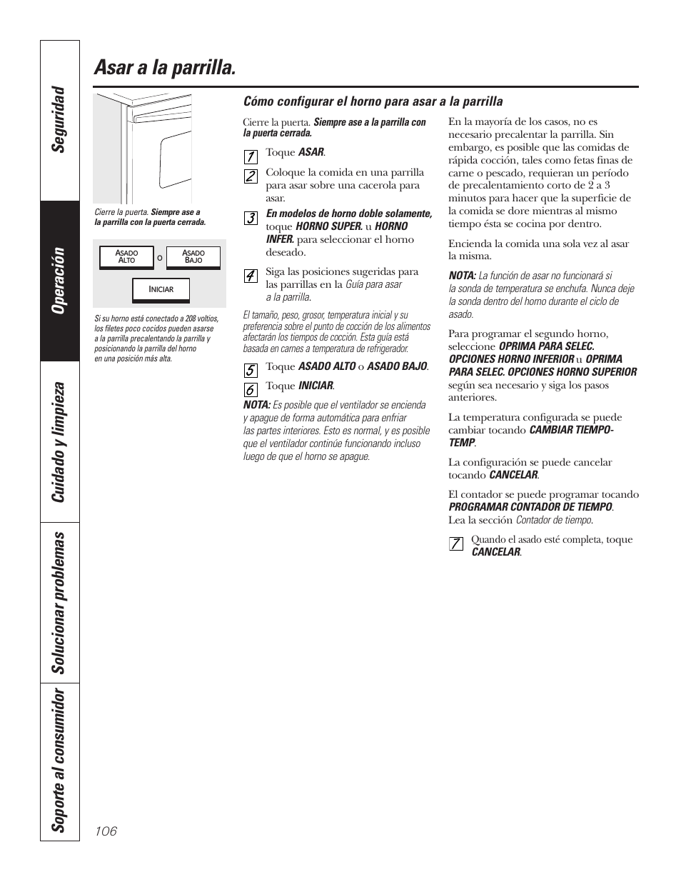 Asado a la parrilla, Asado a la parrilla , 107, Asar a la parrilla | GE PT92030 User Manual | Page 106 / 140