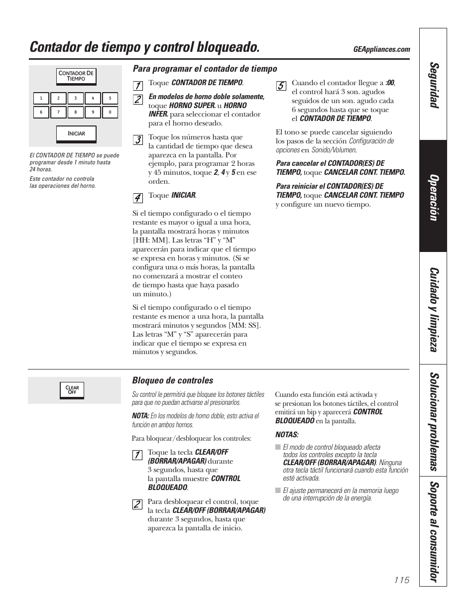 Bloqueo de control, Contador de tiempo, Contador de tiempo y control bloqueado | Para programar el contador de tiempo, Bloqueo de controles | GE PT92030 User Manual | Page 115 / 140