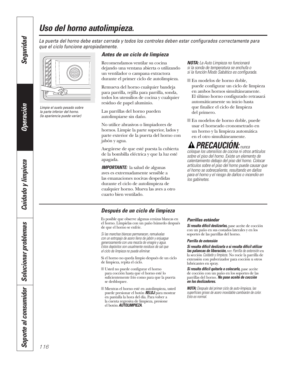 Horno autolimpieza, Horno autolimpieza –118, Uso del horno autolimpieza | Precaución | GE PT92030 User Manual | Page 116 / 140