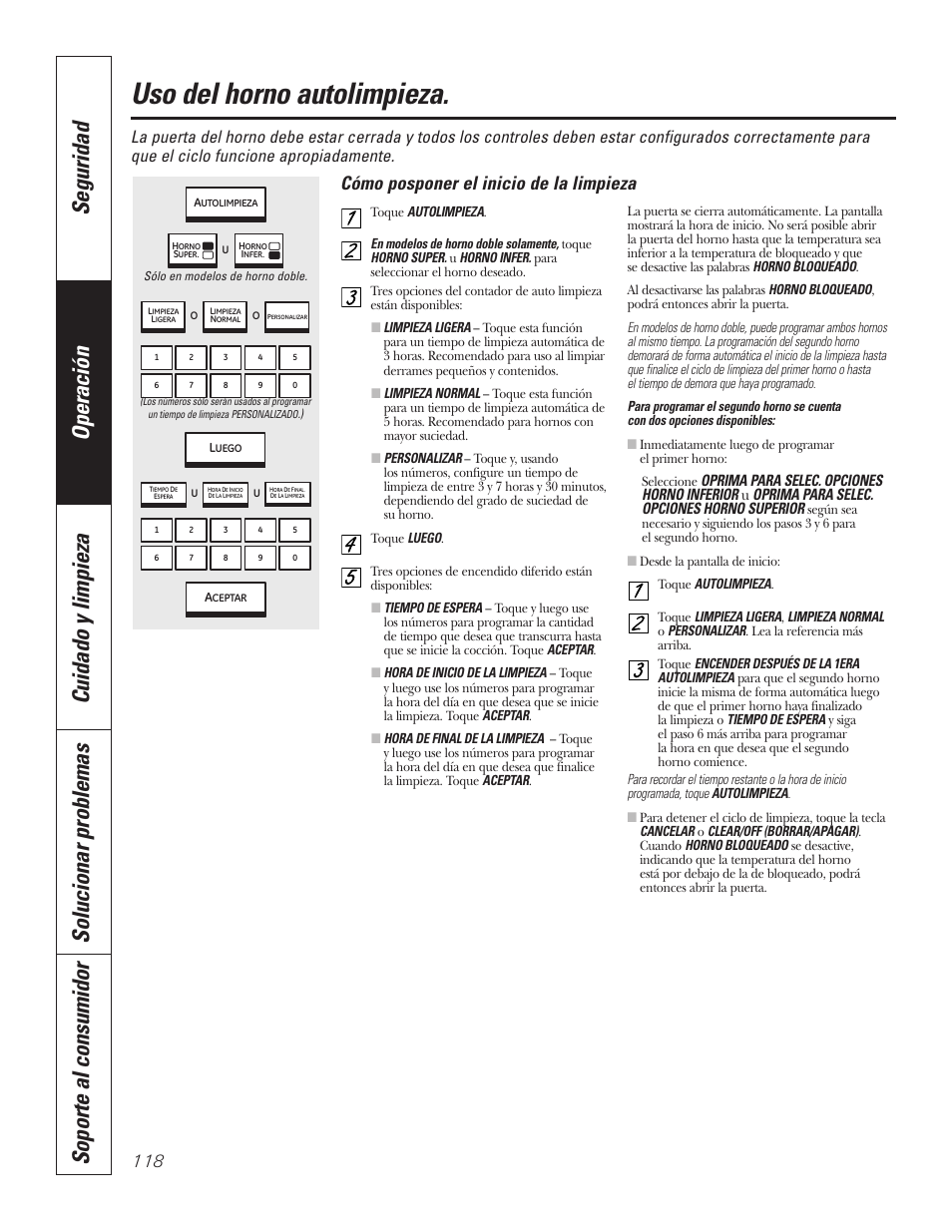 Uso del horno autolimpieza, Cómo posponer el inicio de la limpieza | GE PT92030 User Manual | Page 118 / 140