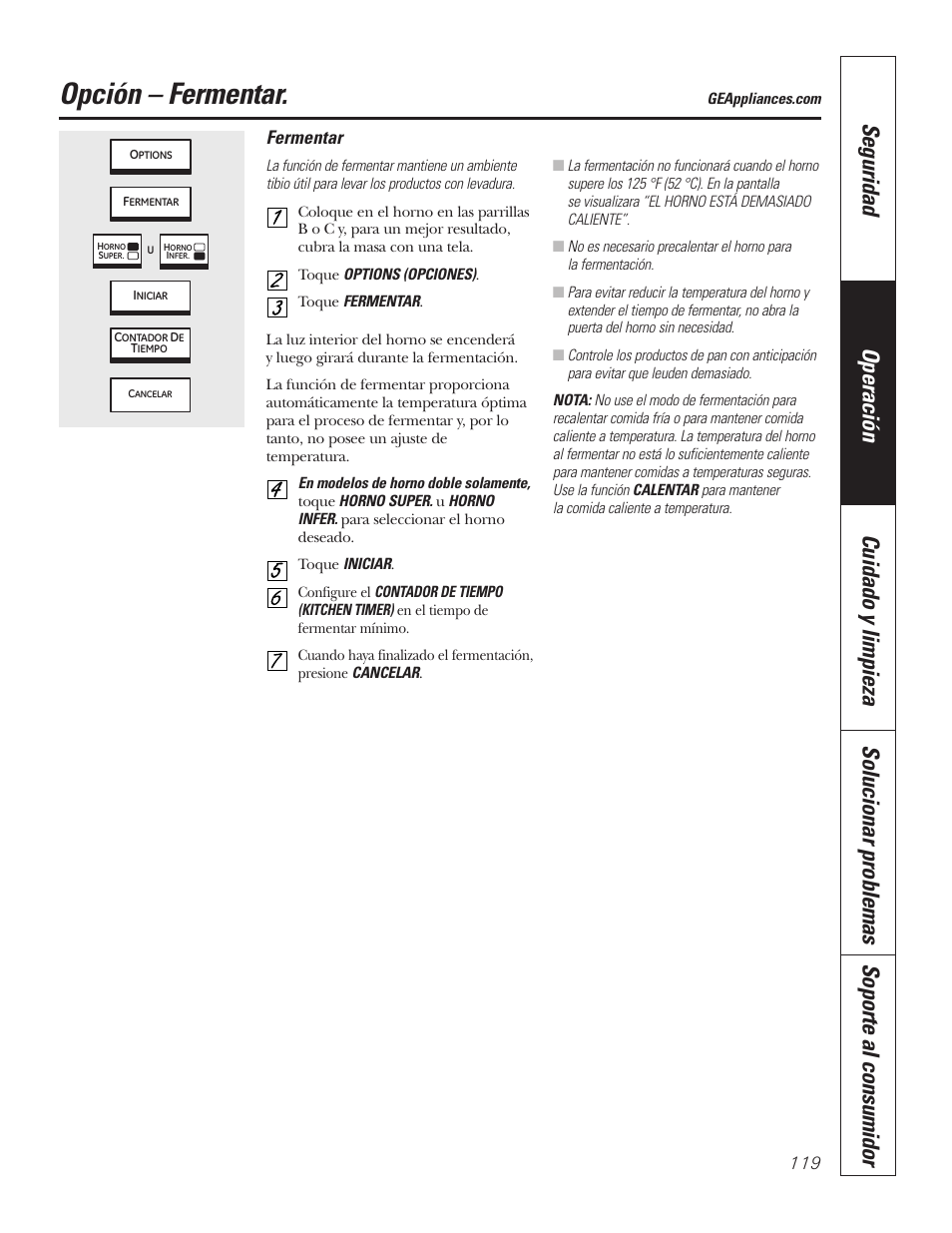 Fermentar, Opción – fermentar | GE PT92030 User Manual | Page 119 / 140