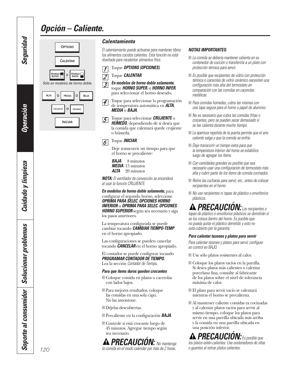 Calentar, Calentar , 121, Opción – caliente | Precaución, Calentamiento | GE PT92030 User Manual | Page 120 / 140