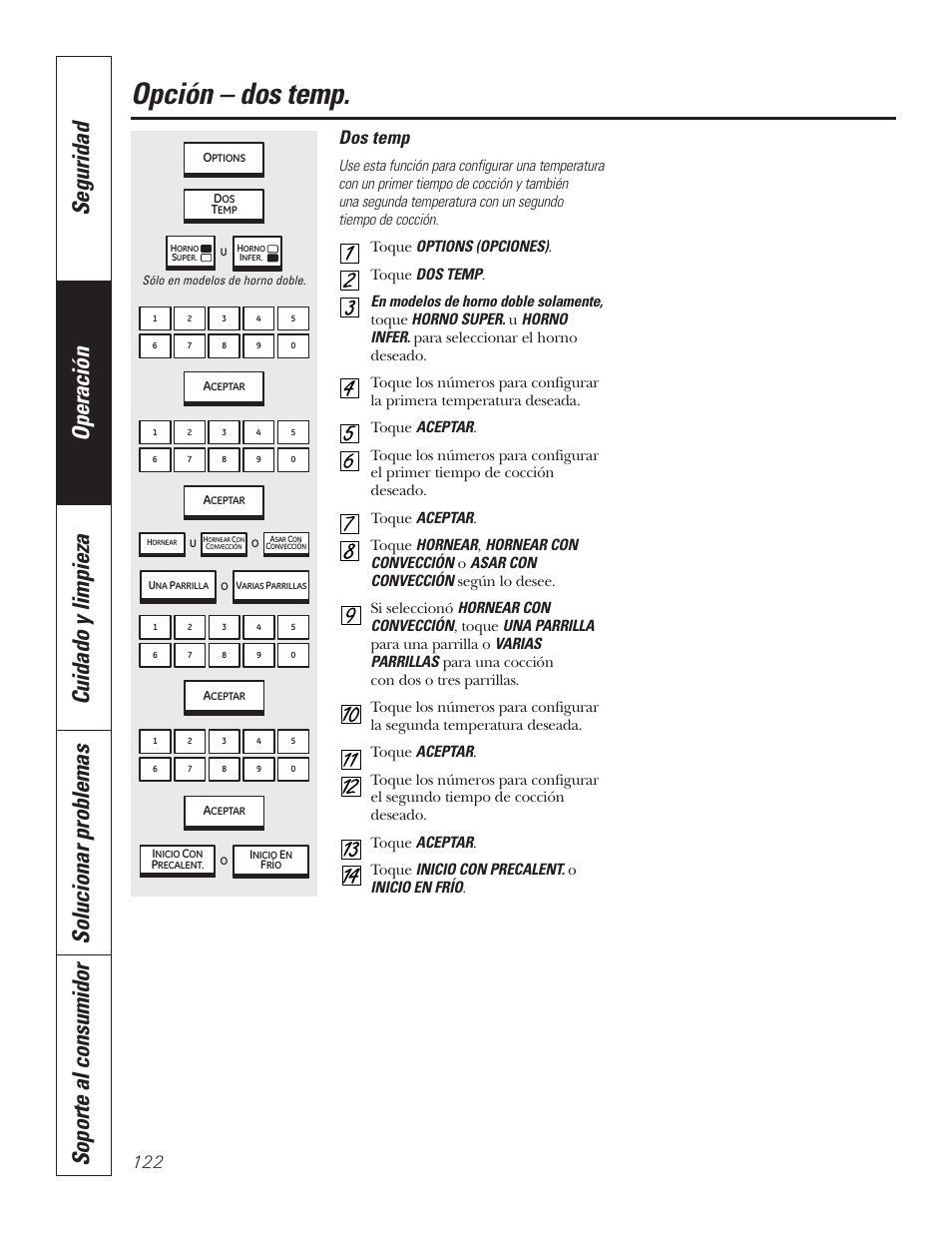 Opción dos temp, Opción – dos temp, Dos temp | GE PT92030 User Manual | Page 122 / 140