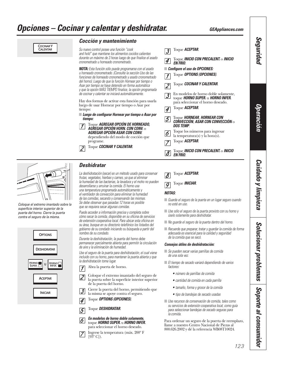 Opción cocinar y calentar, Opción deshidratar, Opciones – cocinar y calentar y deshidratar | Cocción y mantenimiento, Deshidratar | GE PT92030 User Manual | Page 123 / 140