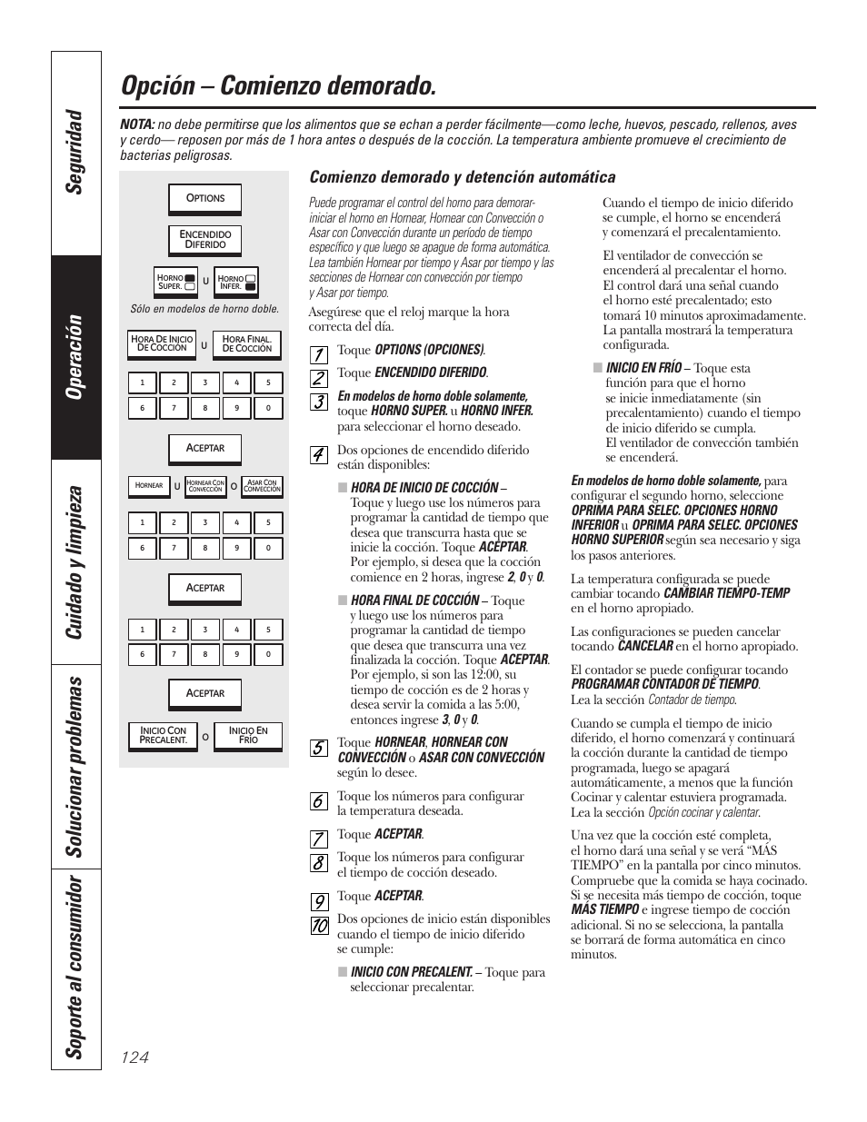 Opción de comienzo demorado, Opción – comienzo demorado, Comienzo demorado y detención automática | GE PT92030 User Manual | Page 124 / 140