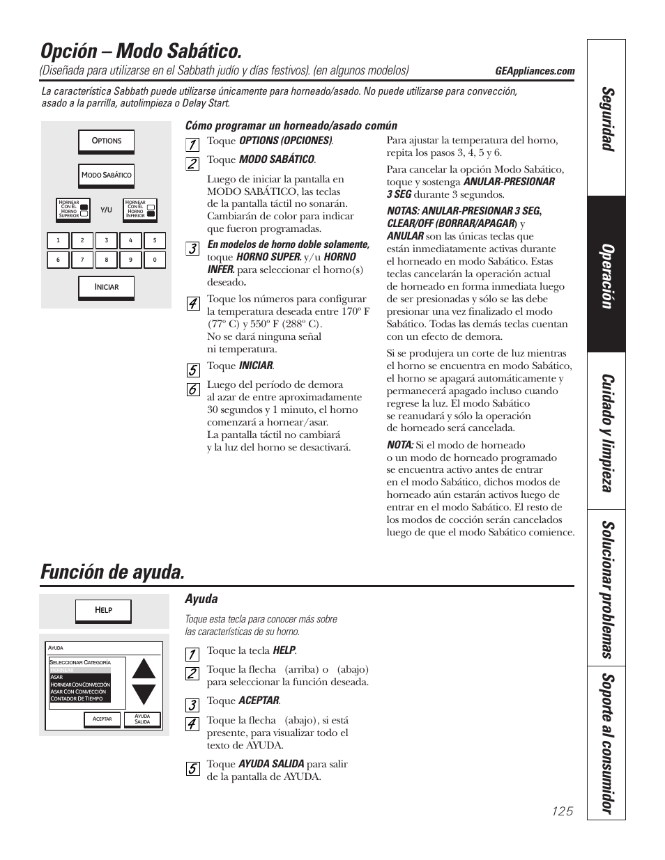 Ayuda, Opción de modo sabático, Función de ayuda | Opción – modo sabático, Cómo programar un horneado/asado común | GE PT92030 User Manual | Page 125 / 140
