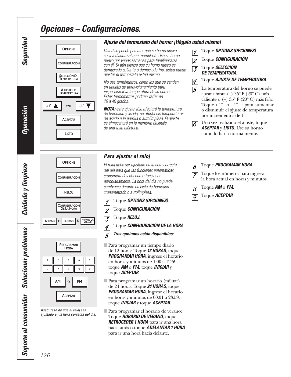 Configuración de opciones, Reloj, Termostato | Configuración de opciones –130, Opciones – configuraciones, Para ajustar el reloj | GE PT92030 User Manual | Page 126 / 140