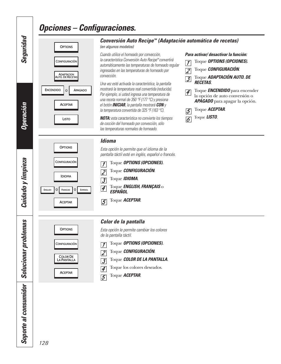Adaptación auto de recetas, Color de la pantalla, Idioma | Opciones – configuraciones, Conversión auto recipe, Adaptación automática de recetas) | GE PT92030 User Manual | Page 128 / 140