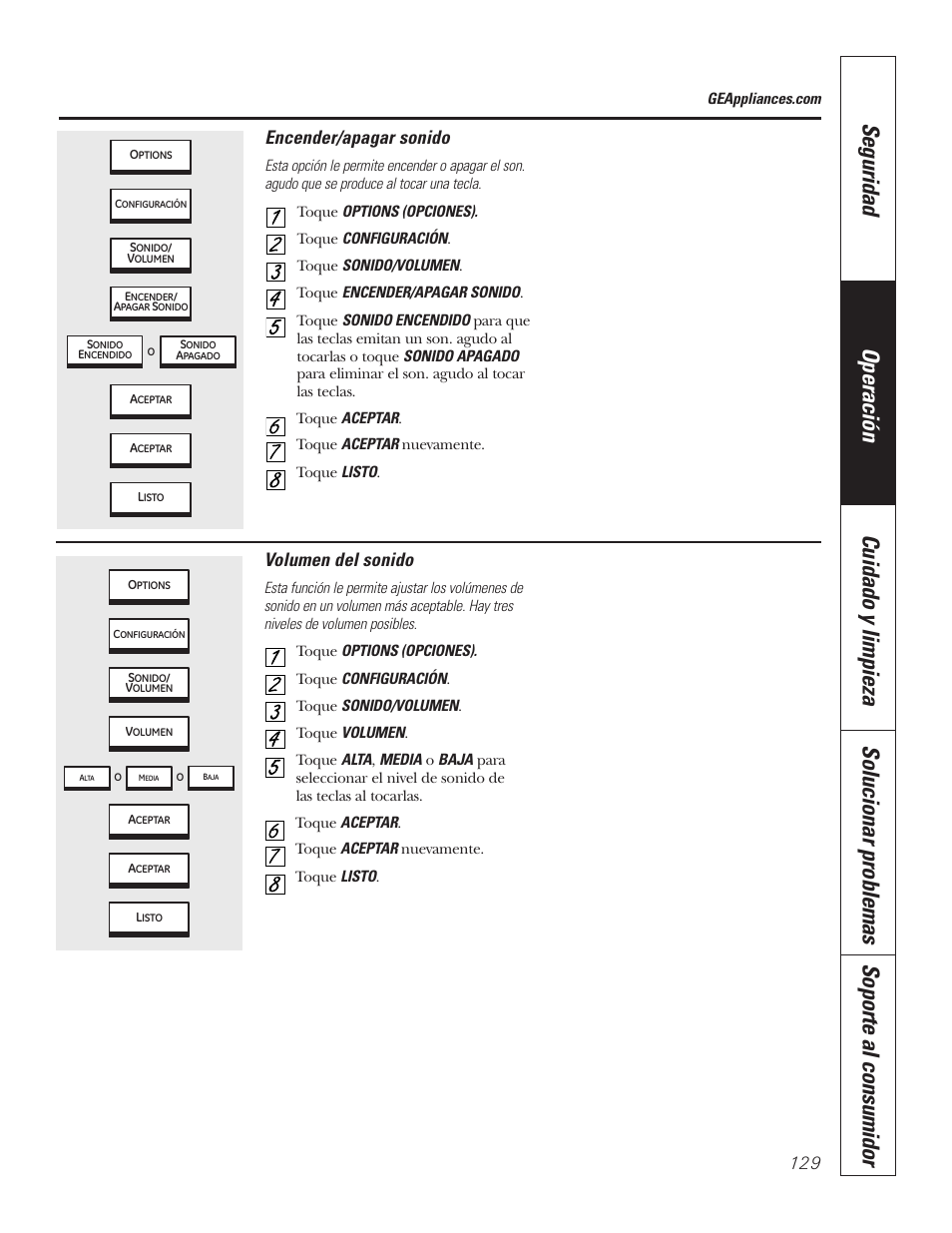 Encender/apagar sonido, Volumen del sonido | GE PT92030 User Manual | Page 129 / 140