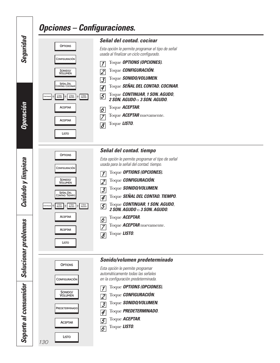 Predeterminado, Señal del contad. cocinar, Señal del contad. tiempo | Señal del contad. cocinar señal del contad. tiempo, Opciones – configuraciones, Sonido/volumen predeterminado | GE PT92030 User Manual | Page 130 / 140