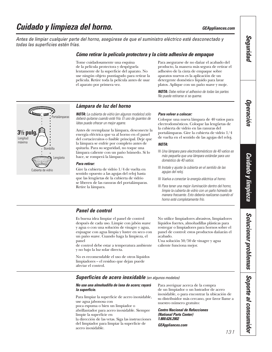 Cómo retirar la cinta de empaque, Lámpara de luz, Panel de control | Superficies de acero inoxidable, Cuidado y limpieza del horno, Pulg | GE PT92030 User Manual | Page 131 / 140