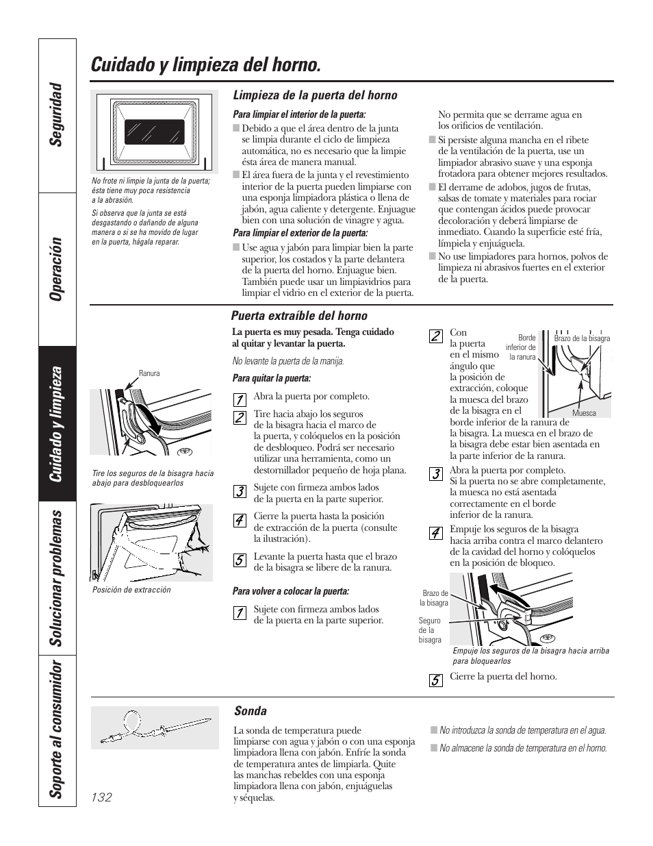 Puerta del horno, Sonda, Puerta del horno sonda | Cuidado y limpieza del horno | GE PT92030 User Manual | Page 132 / 140