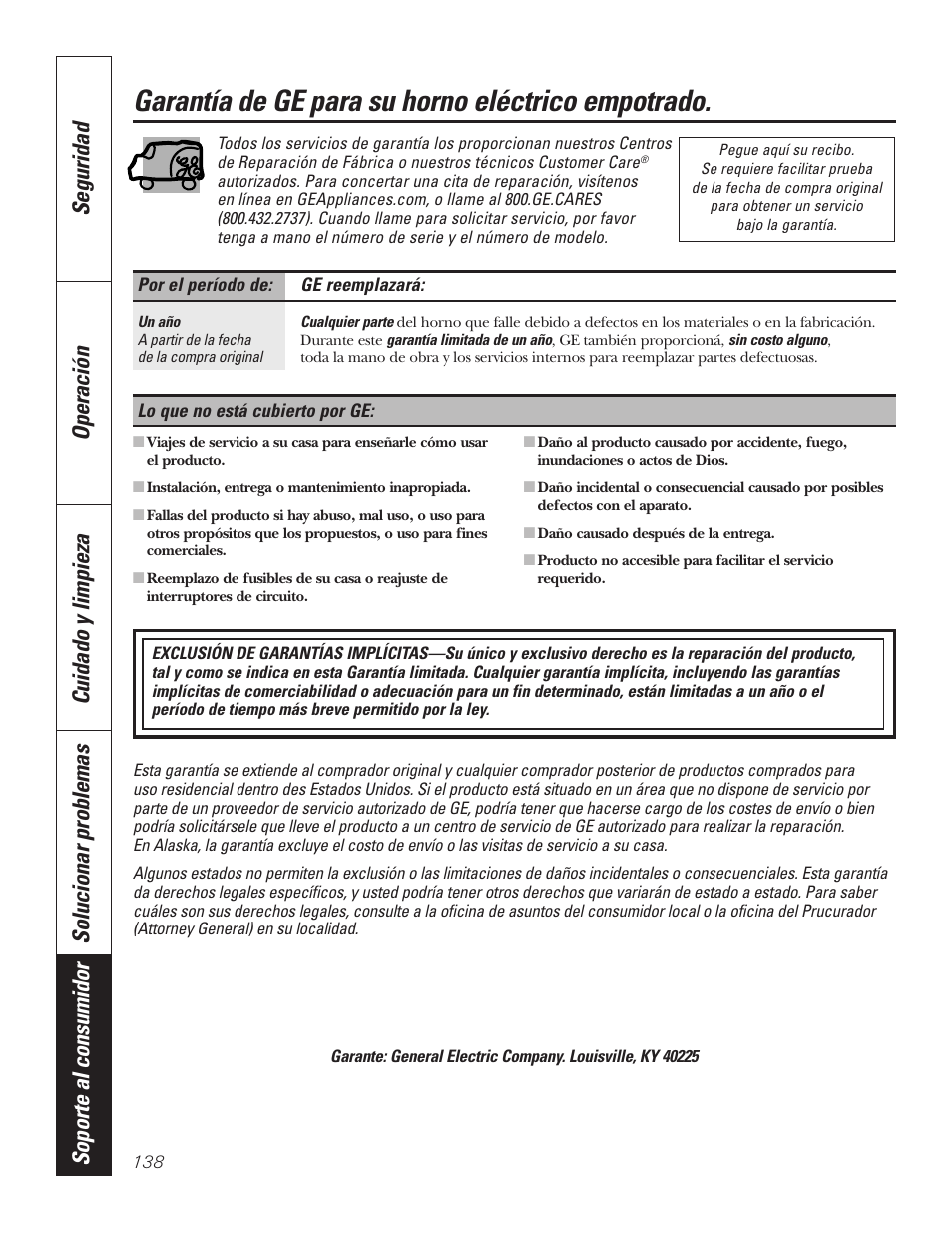 Garantía, Garantía de ge para su horno eléctrico empotrado | GE PT92030 User Manual | Page 138 / 140