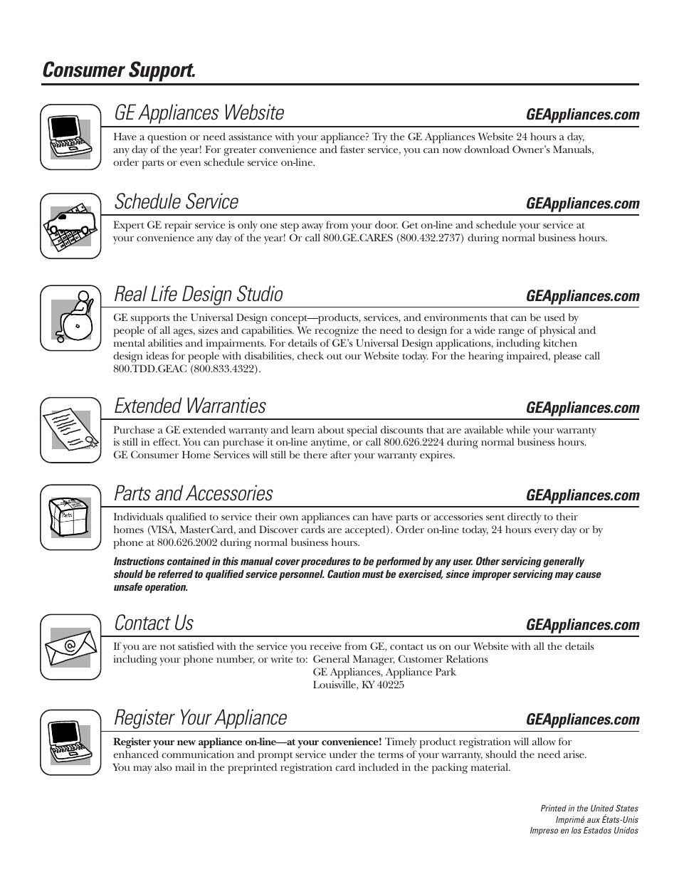 Consumer support, Consumer support. ge appliances website, Schedule service | Real life design studio, Extended warranties, Parts and accessories, Contact us, Register your appliance | GE PT92030 User Manual | Page 140 / 140