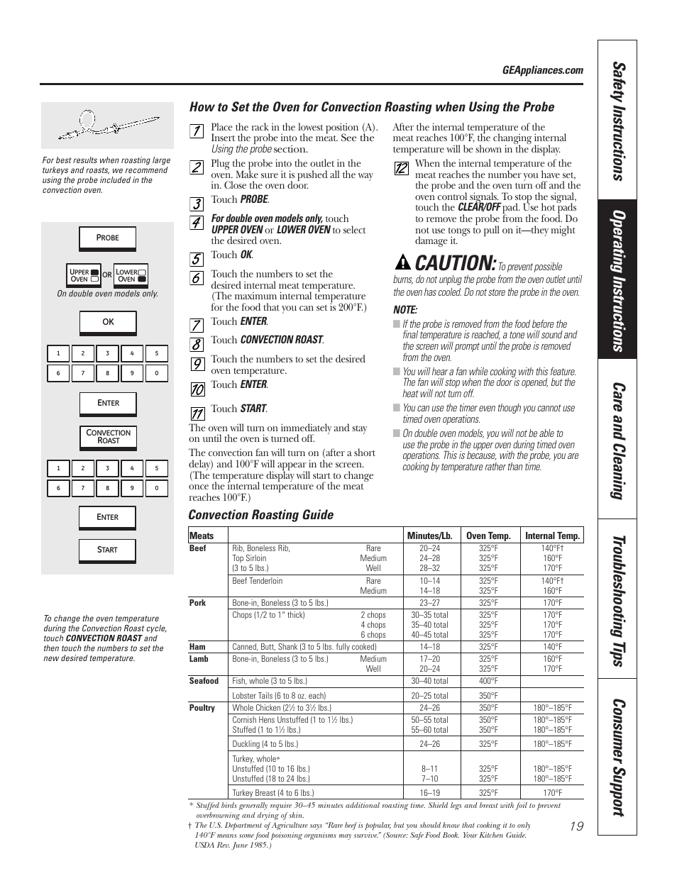 Caution, Convection roasting guide | GE PT92030 User Manual | Page 19 / 140