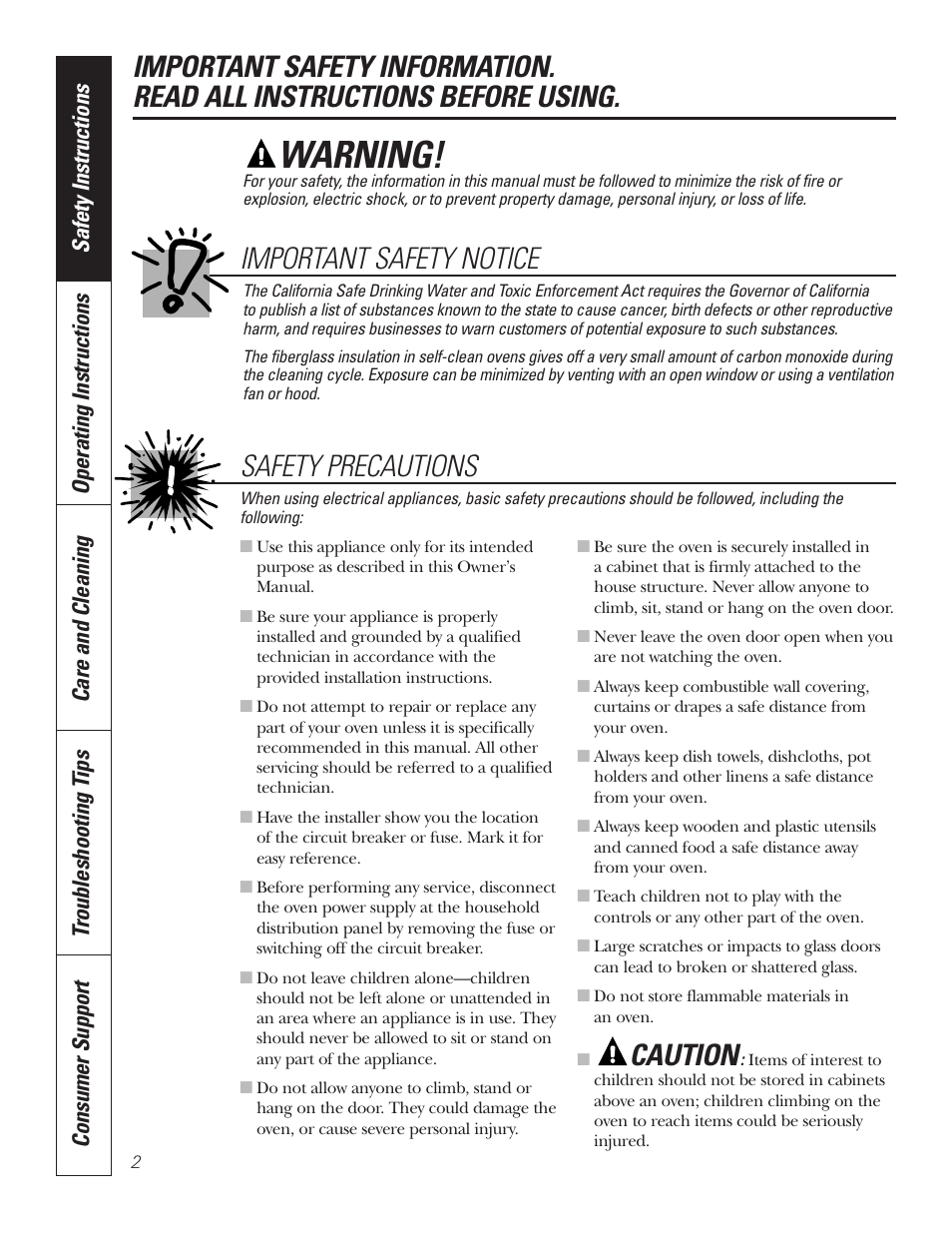 Safety instructions, Warning, Caution | Safety precautions, Important safety notice | GE PT92030 User Manual | Page 2 / 140