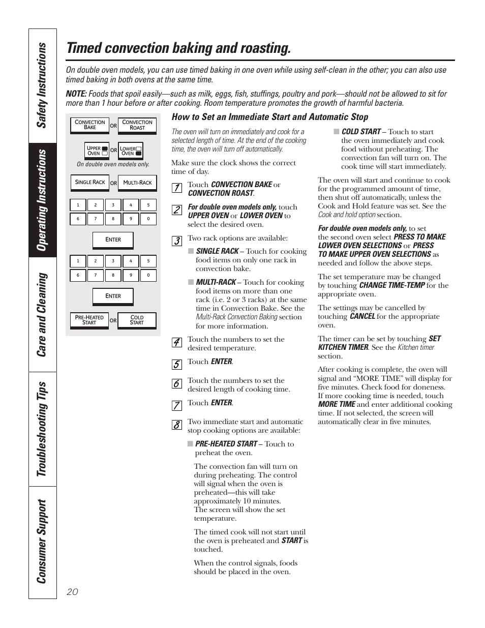 Timed convection baking and roasting, Timed convection baking and roasting , 21, How to set an immediate start and automatic stop | GE PT92030 User Manual | Page 20 / 140